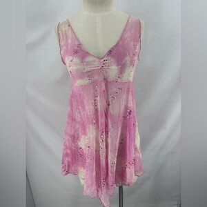 Pink Sheer Sequin Tie Dye Babydoll Sleeveless Mini Dress Womens Small y2k